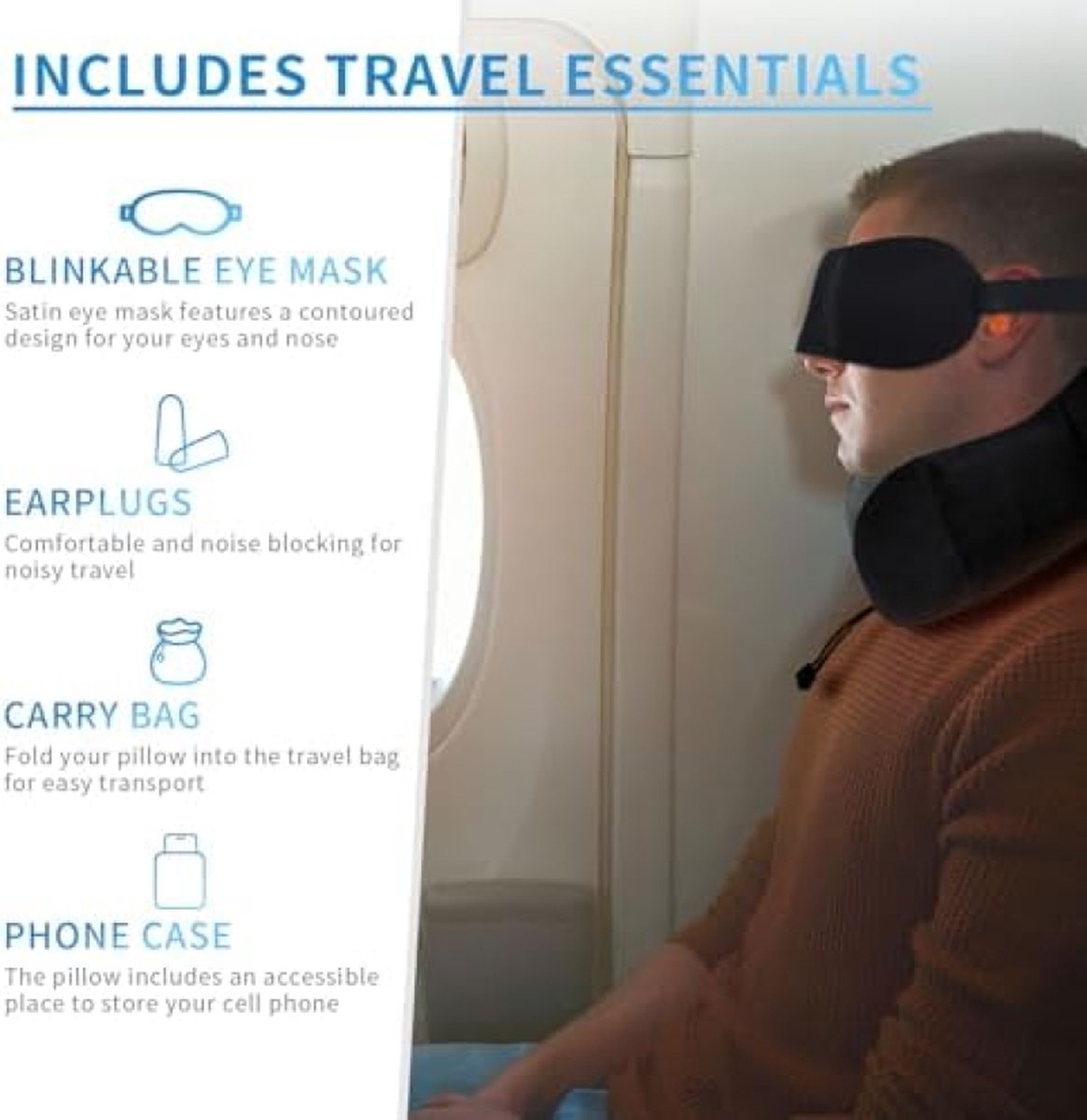 SOMLAW Nekkussen vliegtuig, set van 2 reiskussen, traagschuim, ergonomisch ontworpen nekkussen, reis-nekkussen met slaapmasker, oordopjes, tas, ideaal voor reizen, vliegtuig, auto, kantoor