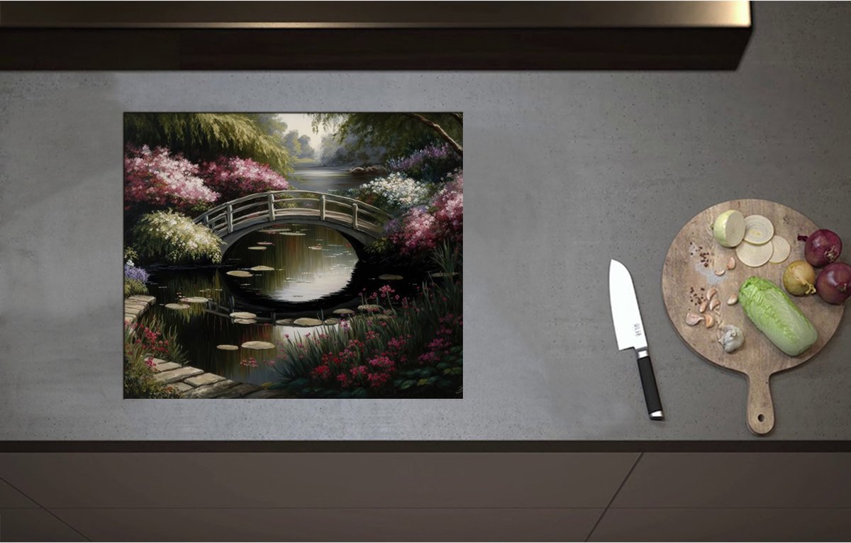 Inductieplaat Beschermer - Brug over Sloot met Mooie Bloemen - 60x51 cm - 2 mm Dik - Inductie Beschermer - Bescherming Inductiekookplaat - Kookplaat Beschermer van Zwart Vinyl