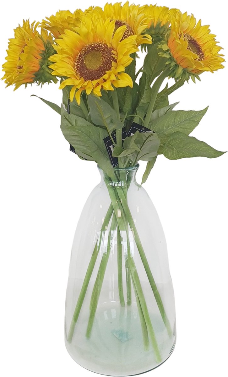 Bellatio Design Kunstbloem Zonnebloem boeket - Helianthus - 8x - 77 cm - kunst zijdebloem Geel