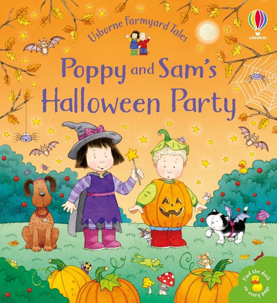 Couverture de livre 'Poppy and Sam's Halloween Party' : deux enfants déguisés, un chien et un chat dans un jardin d'automne avec des citrouilles.