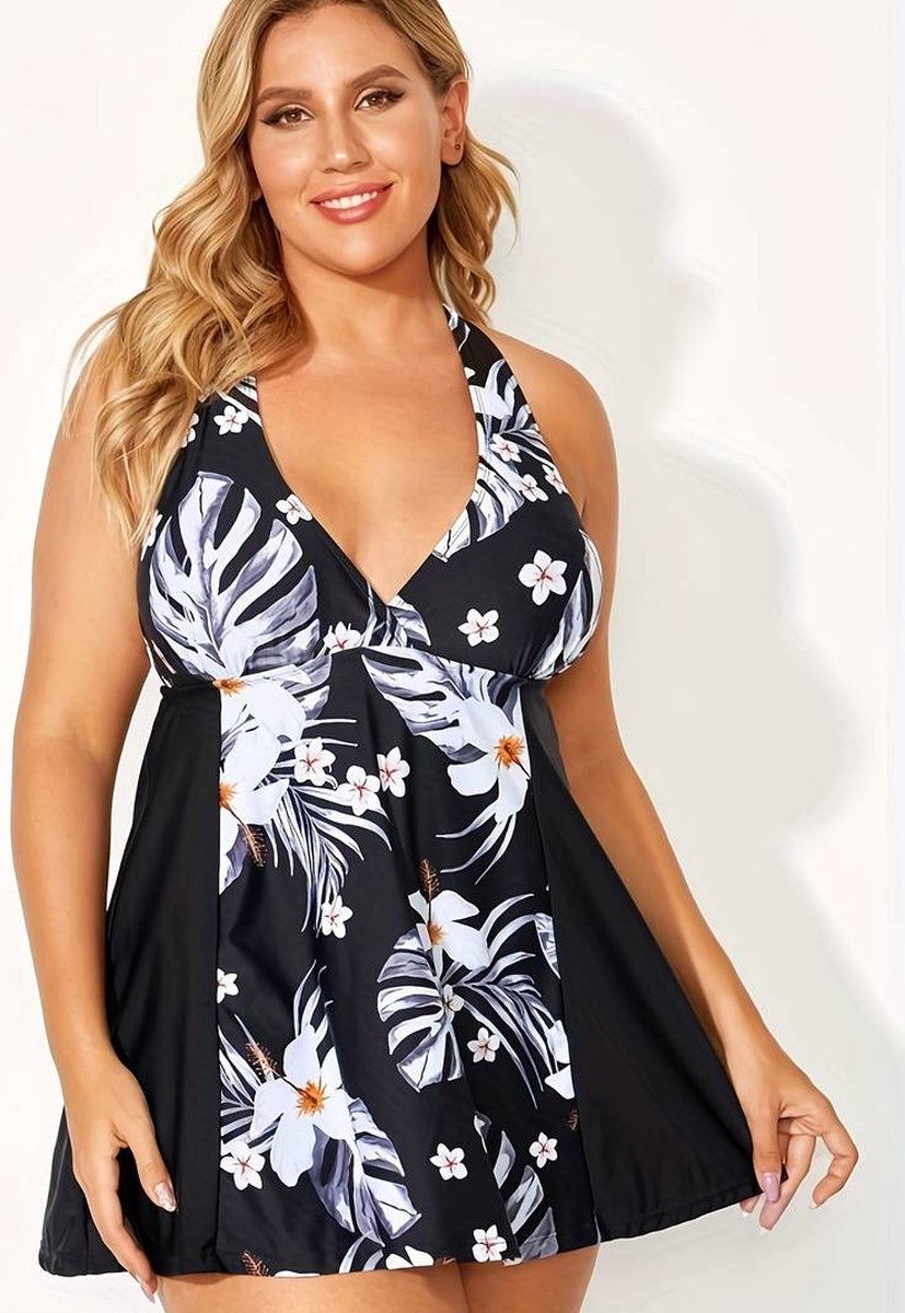 Tankini set design, badpak voor dames, elegante bloemenprint, zwemrok met V - hals en stijlrok, comfortabele stretchpasvorm, 2 - delige set ,badpak zwempak strandkleding zwemkleding 255, zwart wit, — afbeelding 3