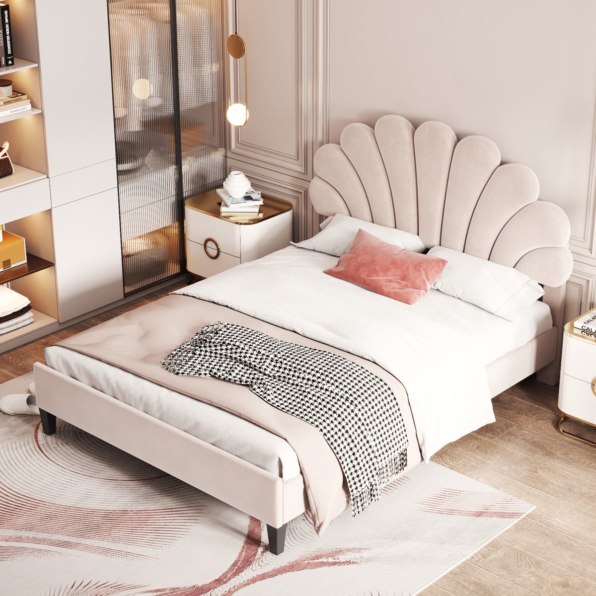 Sweiko Gestoffeerd bed Tweepersoonsbed 140 x 200 cm, Bedlijst met Bloemvormig Hoofdeinde en Lattenbod, Volwassen Jeugdbed in Huidvriendelijke Fluwelen stof, Gastenbed, Beige