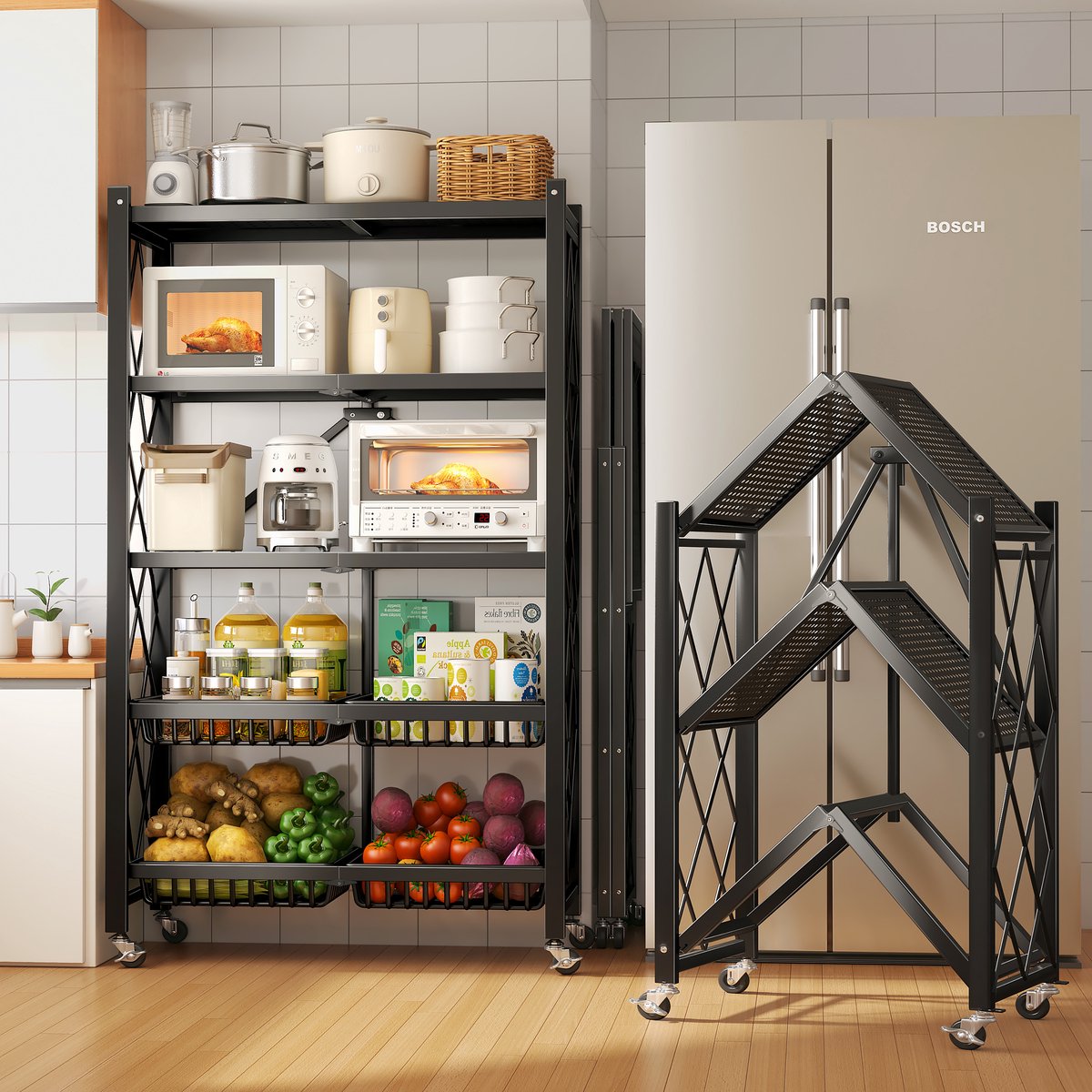 Velox Goods VL‑522 4‑Laags Opbergrek – Inklapbare Planken met Wielen – Stevig Staand Rek voor Keuken, Badkamer & Woonkamer – Open Vakkenkast – Zwart
