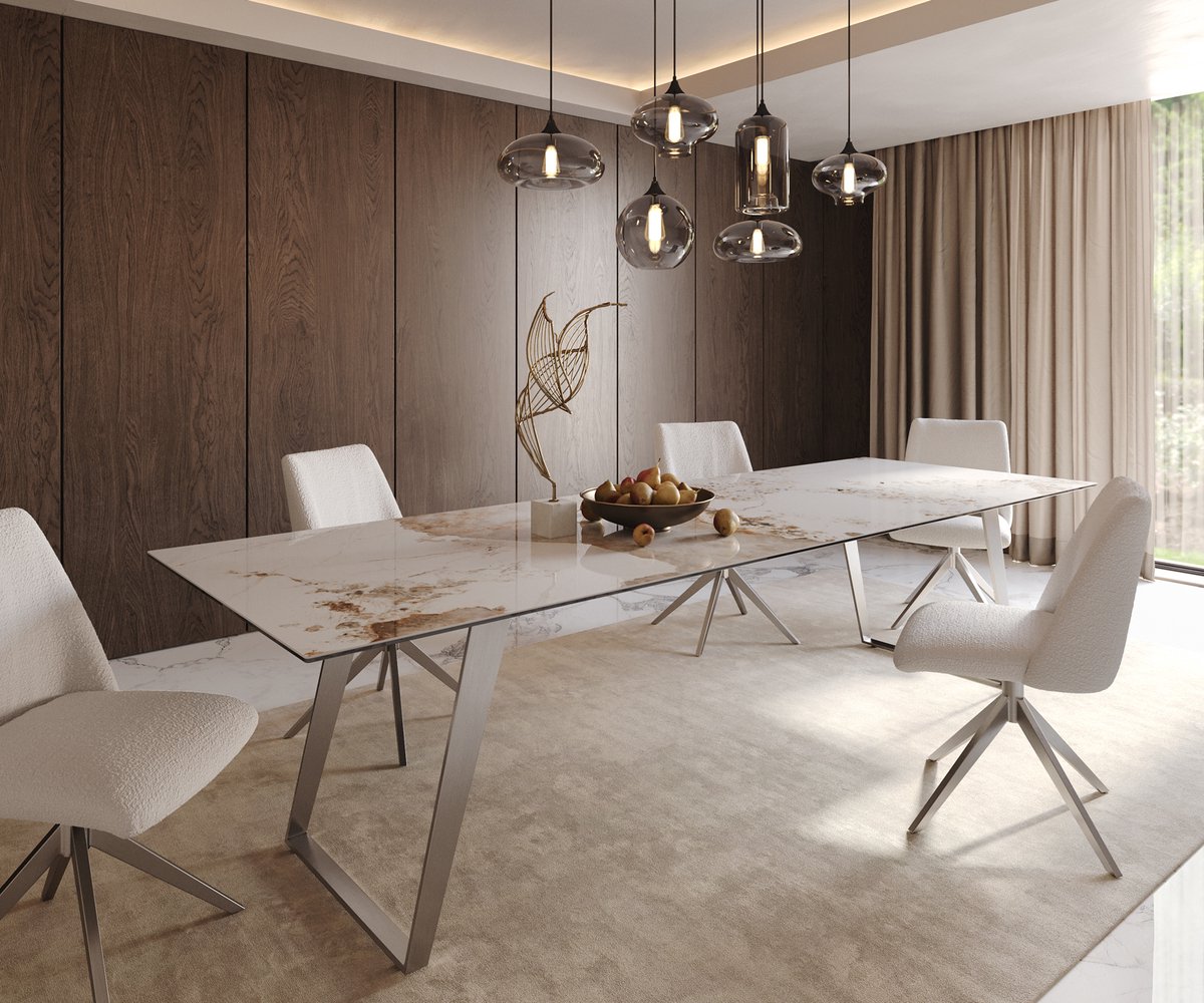 DELIFE Eetkamertafel Edge keramiek Minas Melange wit-beige 300x100 RVS schuin Weiß-Beige