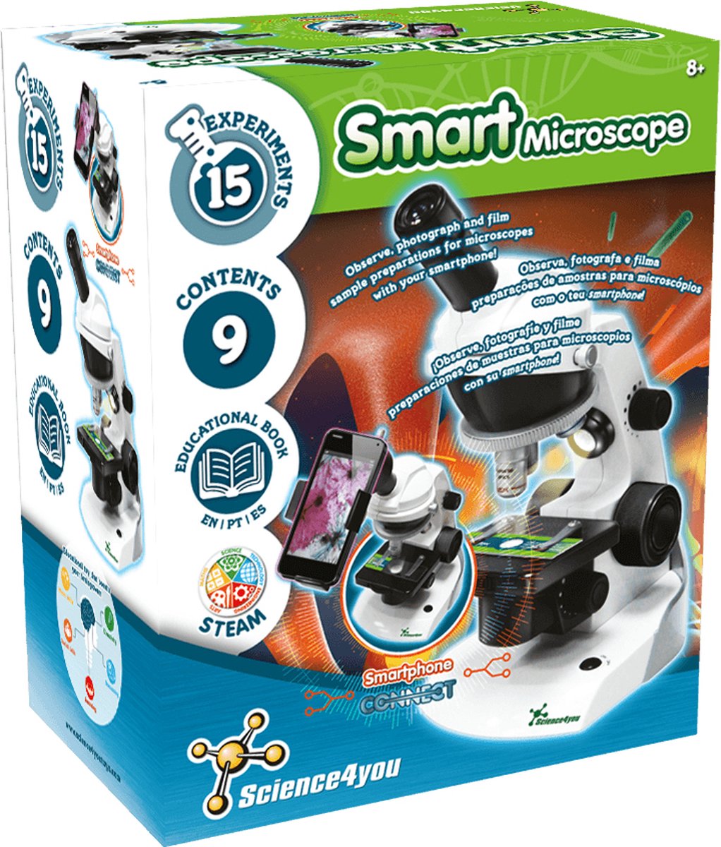 Science4you - Microscoop voor Kinderen 8 Jaar - Scheikundelaboratorium: Microscoop met Smartphonehouder en Voorbereide Monsters - Wetenschapskit voor Kinderen en Educatieve Spellen Kinderen van 8 Jaar