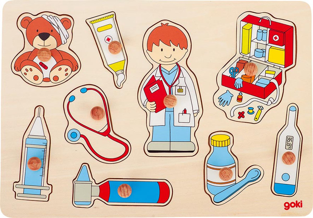 GOKI Steekpuzzel - Bij De Dokter - 9 Delen - 30X21X2,4Cm - Hout - 1 Jaar — afbeelding 2