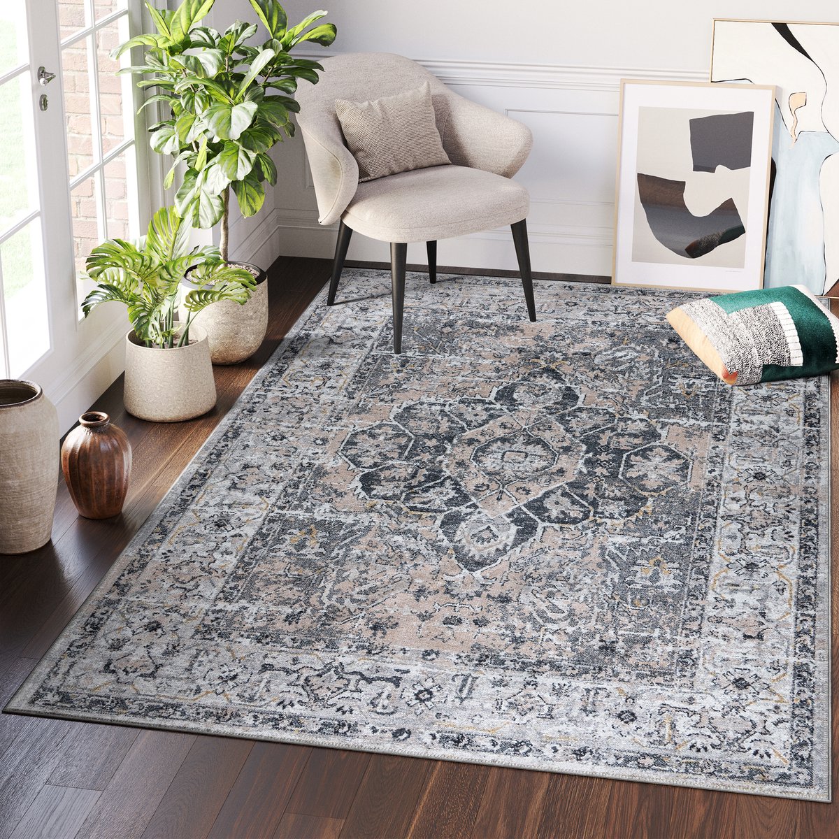 Tapiso Ritz Vloerkleed Grijs Katoen Antislip Vintage Slaapkamer Tapijt Maat- 300x400 Grijs Vintage