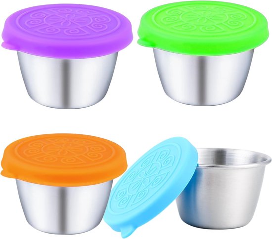 Foto: Pak met 4 dressingcontainers 70 ml lekvrije bentobox accessoires 304 roestvrijstalen saladedressingcontainers met siliconen deksels bpa vrij herbruikbare mini sauscontainers snackbox voedselcontainers