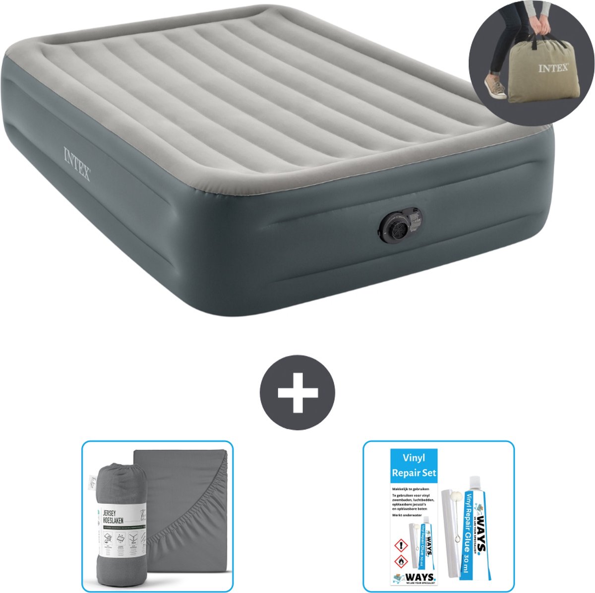 Intex Luchtbed - 2-Persoons - 152 x 203 x 46 cm - Grijs - Met ingebouwde pomp Hoeslaken Antraciet en Reparatieset