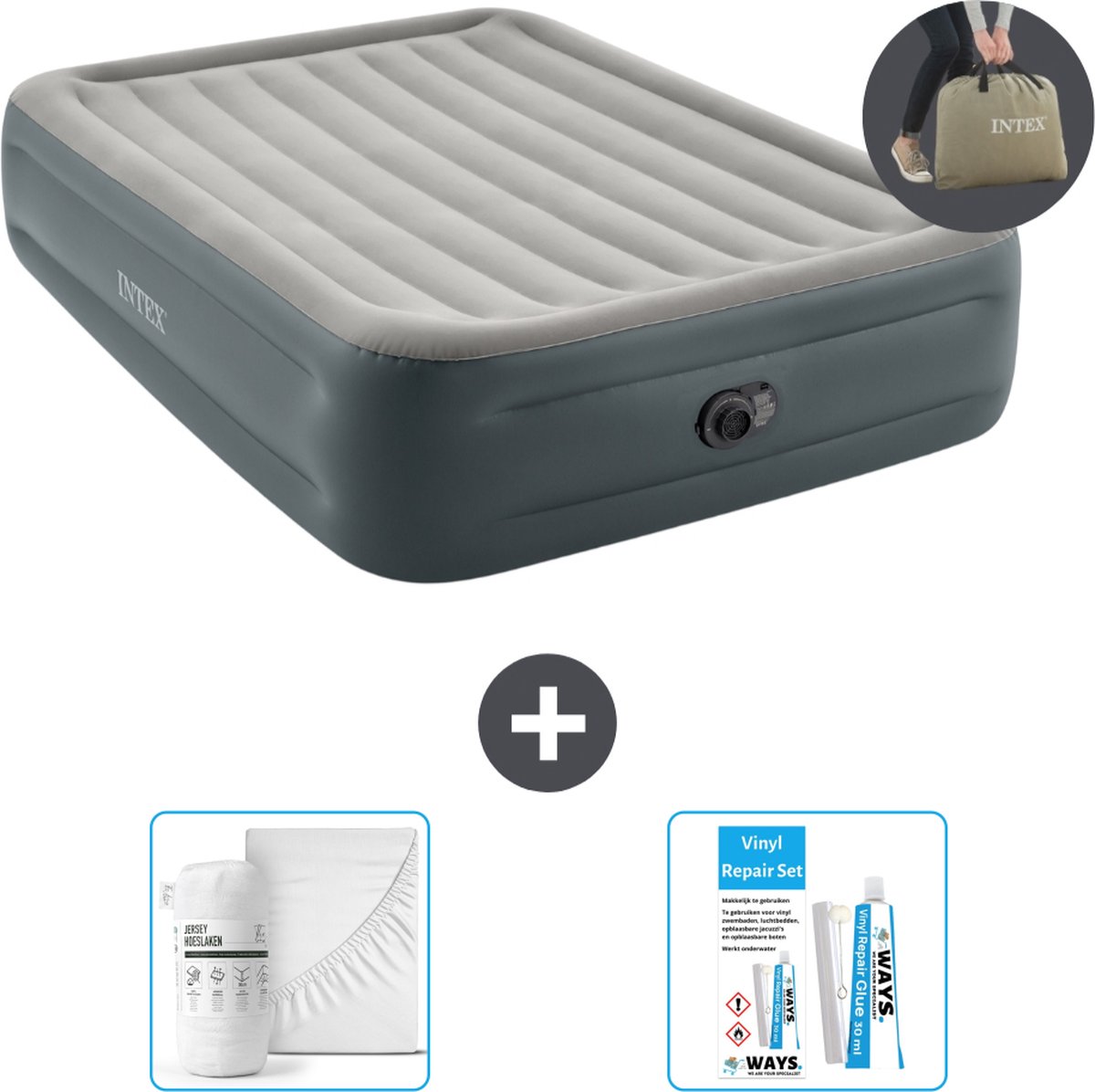Bol.com Intex Luchtbed - 2-Persoons - 152 x 203 x 46 cm - Grijs - Inclusief pomp - Hoeslaken en Reparatieset aanbieding