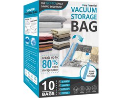 Vacuümzakken voor kledingdekbedden, 10 stuks, ruimtebesparende zakken (2 jumbo/2 grote/3 middelgrote/3 kleine) vacuümopbergzakken voor dekbedden en dekens, inclusief handpomp