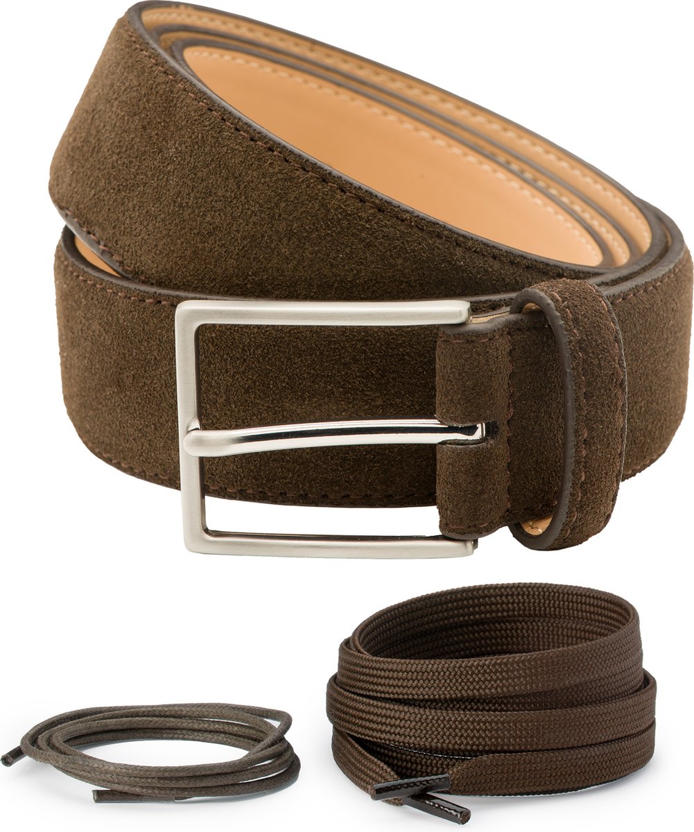 DTCH. FIT Suède riem Bobby Donkerbruin - Riemmaat 85cm/Totale lengte 100cm - 3,5cm breed & Donkerbruine Classic Veter - 75cm + Sneaker Veter - 120cm