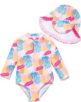 Maillot De Bain Anti-UV Bébé Fille - Manches Longues - Imprimé Fleurs Rose - Zip Dos - Protection UPF 40+ - 12 Mois (74 Cm)