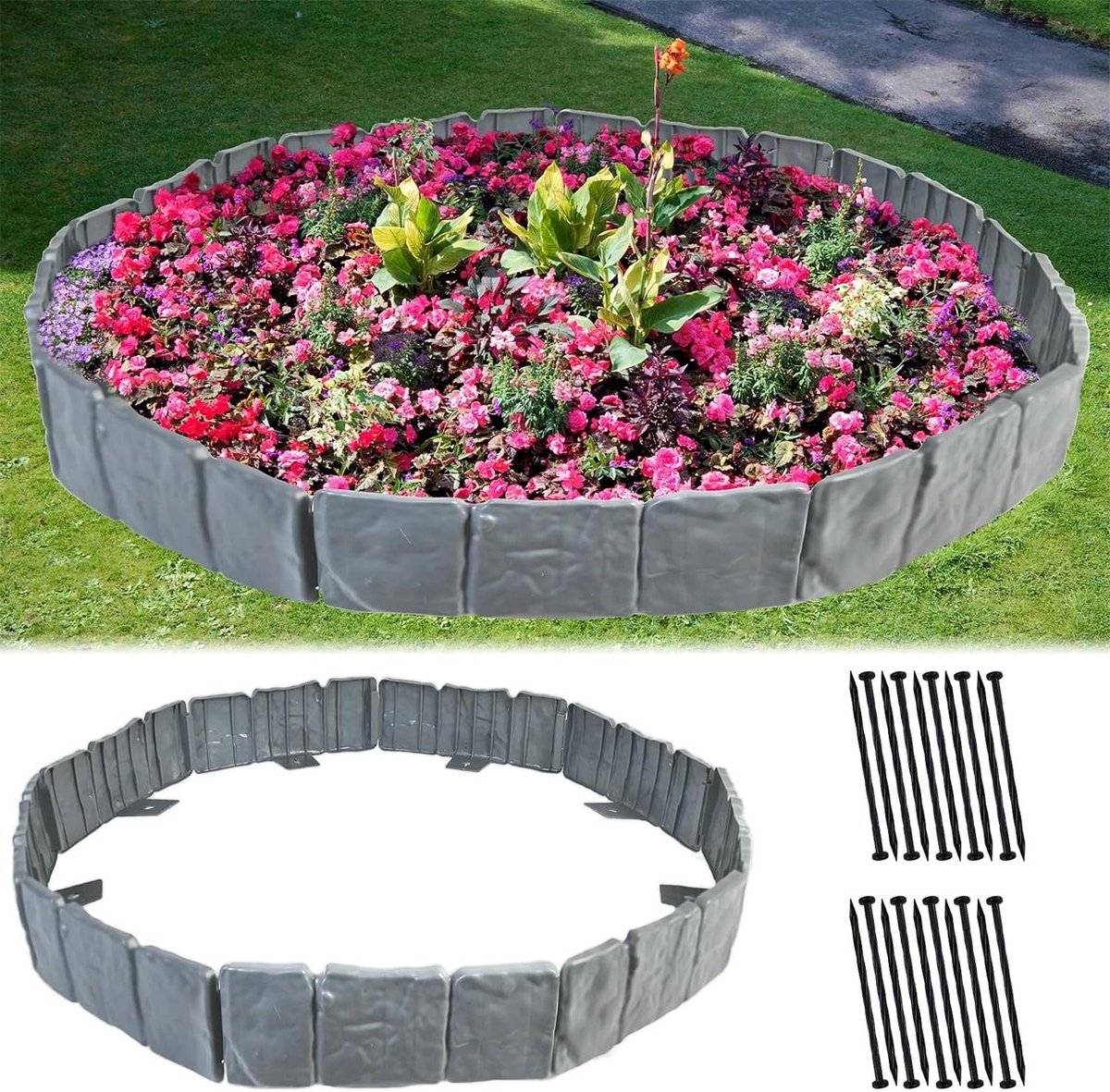 Kunststof flexibele gazonrand No-Dig met verankering spikes - Landschap randrand imitatie steen omheining - Doe-het-zelf buiten binnenplaats tuin - 40 stuks/10 m grijs Lawn Edging