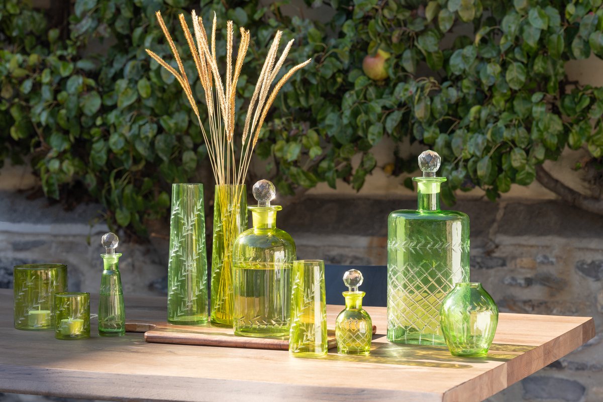J-Line vaas Bladeren - glas - groen - small - 2 stuks - 15 cm hoog