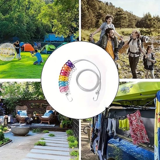 Corde à Linge Rétractable Portable - Avec 12 Pinces - 1,8 M, Idéale Voyage Et Camping - 8