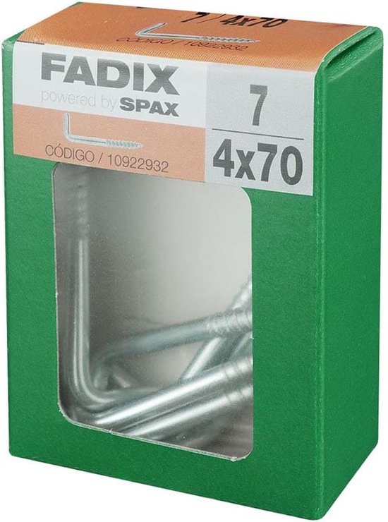 Groene FADIX verpakking met schroefhaken, "FADIX powered by SPAX 7 4x70 CÓDIGO / 10922932" tekst.