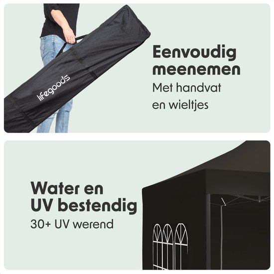 Een man draagt een zwarte partytent in een draagtas met wieltjes. De partytent is water- en UV-bestendig.