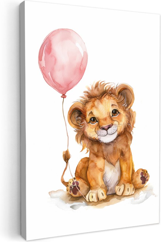 Canvas schilderij 20x30 cm - Wanddecoratie kinderkamer Leeuw - Baby dier - Dieren - Roze ballon - Muurdecoratie babykamer - Kamer decoratie voor jongens en meisjes - Baby accessoires - Schilderijen