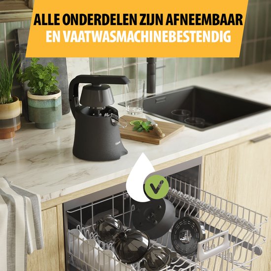 Zwarte Tristar citruspers met onderdelen in de vaatwasser; "Alle onderdelen zijn afneembaar en vaatwasmachinebestendig".