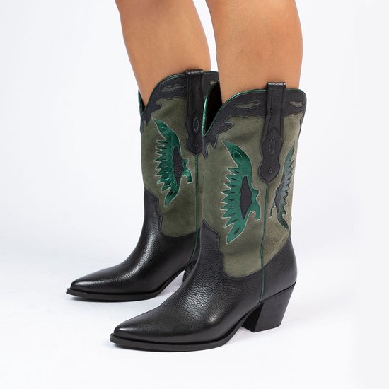 Manfield Dames Zwarte leren cowboy laarzen met suede details Maat 37 bol