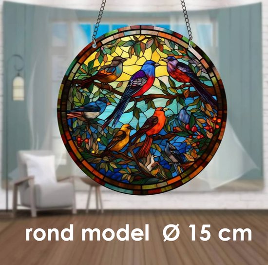 Allernieuwste.nl® Raamhanger Raamdecoratie Kolibries - Kleurige Zonnevanger Rond Acryl met Ketting - Vogels - Glas in Lood Suncatcher Rond model 15 cm %%