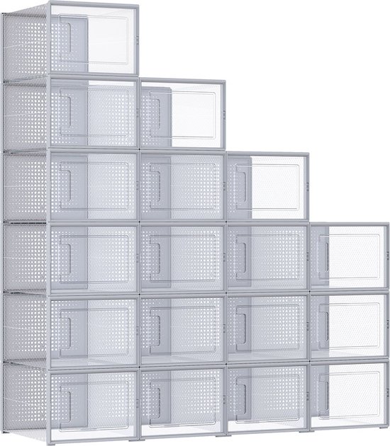 Rootz 18 Pack Shoe Box Organizer - Storage Container - Clear Plastic Bins - Stackable - PP Material - ABS Frame - 35cm x 25.2cm x 19cm