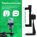 Zwarte telefoonhouder verstelbaar van 55mm tot 100mm, voor op statief.