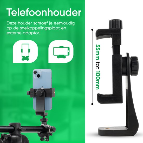 Zwarte telefoonhouder verstelbaar van 55mm tot 100mm, voor op statief.
