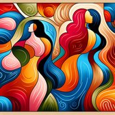 Abstract dikke dames schilderij | Gelaagde voluptueuze vormen in kleurrijk abstract schilderij van vrouwen | Kunst - 60x60 centimeter op Canvas | Foto op Canvas