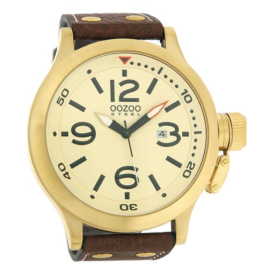 OOZOO Timepieces - Goudkleurige horloge met bruine leren band - OS039