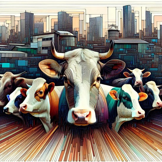 Modern vee schilderij | Veevolution: Een hedendaagse interpretatie van traditionele veeteeltkunst | Kunst - 100x100 centimeter op Canvas | Foto op Canvas