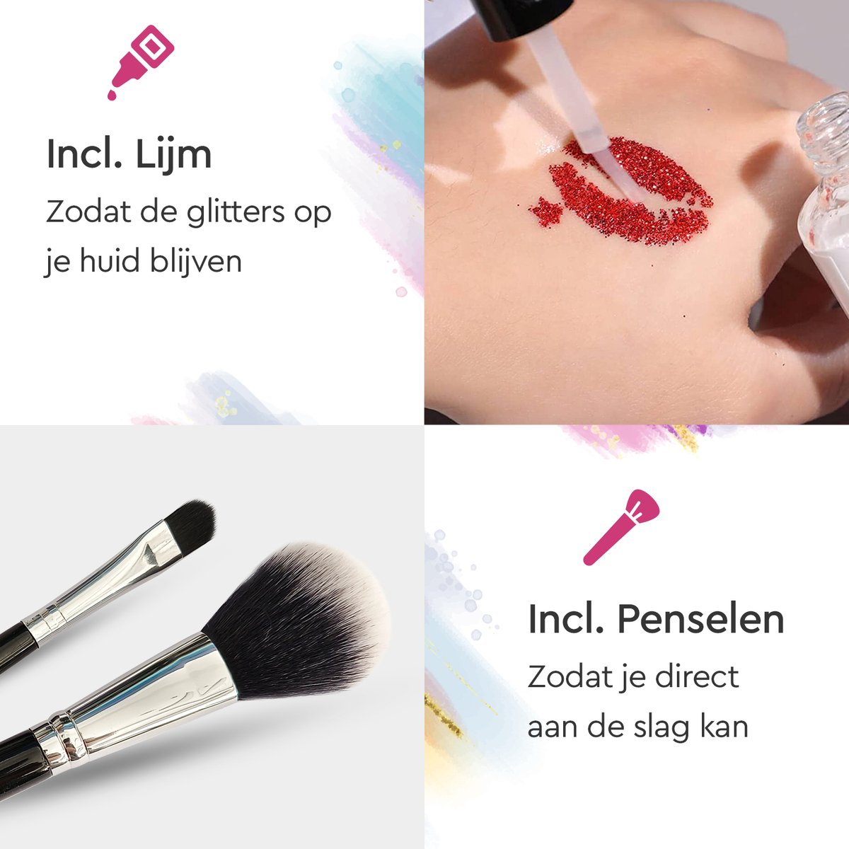 Partizzle Compleet Bio Glitter Tattoo Set - Meisjes / Jongens - Schmink Sjablonen, Lijm en Penselen - Gezicht Nep Neon Tattoos Knutselpakket - Festival - Kerst Cadeau / Knutselen voor Kinderen - 24 Kleuren / Biodegradable — afbeelding 4