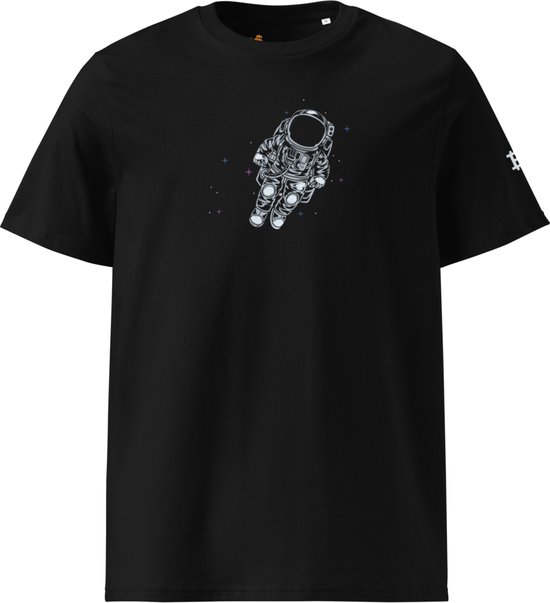 Bitcoin Space Astronaut T-shirt - Unisex - 100% Biologisch Katoen - Kleur Zwart - Maat M | Bitcoin cadeau| Crypto cadeau| Bitcoin T-shirt| Crypto T-shirt| Crypto Shirt| Bitcoin Shirt| Bitcoin Merchandise| Crypto Merchandise| Bitcoin Kleding