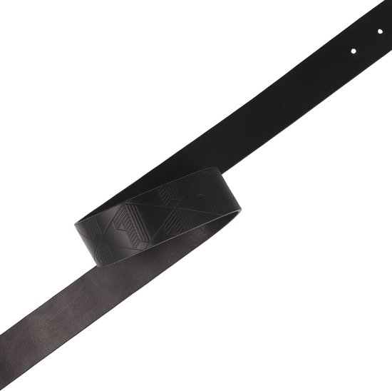 Ceinture noire avec une section à imprimé géométrique en relief et une section unie.