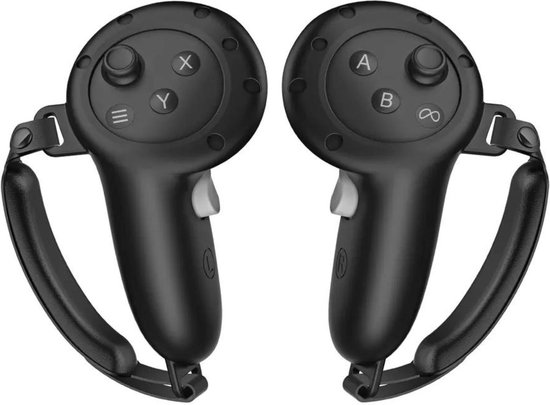 Twee zwarte VR-controllers met polsbanden, knoppen A/B/X/Y en joystick.