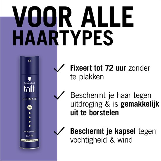 Donkerblauwe spuitbus Taft Ultimate Haarspray met 'VOOR ALLE HAARTYPES' tekst en vinkjes met voordelen.