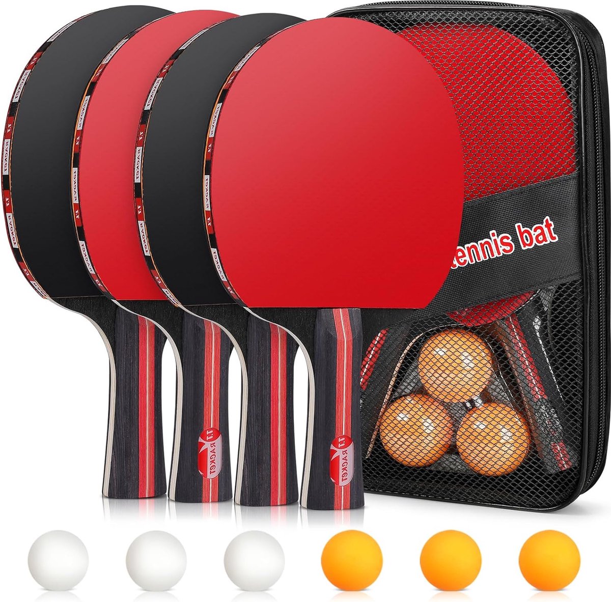 Tafeltennisset, tafeltennisbatjes, pingpongset, trainings-tafeltennisbatjes, set tafeltennisballen, draagbare hoes