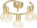 Gouden plafondlamp met drie spots met geometrische kappen.