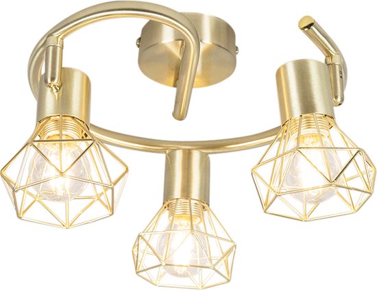 Gouden plafondlamp met drie spots met geometrische kappen.
