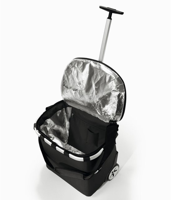 Zwarte boodschappentrolley met aluminium binnenvoering, uittrekbare handgreep en wielen.