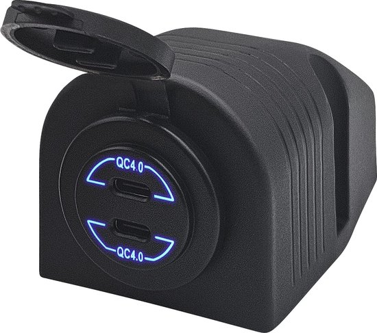 ProRide 12V USB C Autolader 2 Poorten Opbouw - 30W - QC4.0 - USB Stopcontact voor Auto, Boot en Camper - Complete set - Blauw
