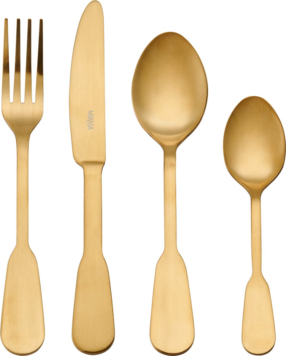 Mikasa Soho Gold 16-delig roestvrij stalen bestekset, gouden bestekset voor 4 personen, inclusief 4x messen, 4x vorken, 4x dessertlepels en 4x theelepels - vaatwasmachinebestendig
