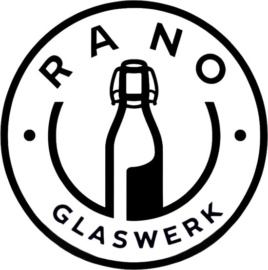 Zwart logo met de tekst RANO GLASWERK en een gestileerde fles met beugelsluiting.
