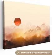 Toile - Peinture - Huile - Soleil - Montagnes - Vogels - Brouillard - 120x90 cm - Décoration murale - Intérieur