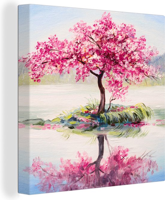 Toile - Arbre fleuri - Sakura - Peinture à l'huile - Water - Nature - 90x90 cm - Peintures sur toile - Toile canvas - Décoration murale