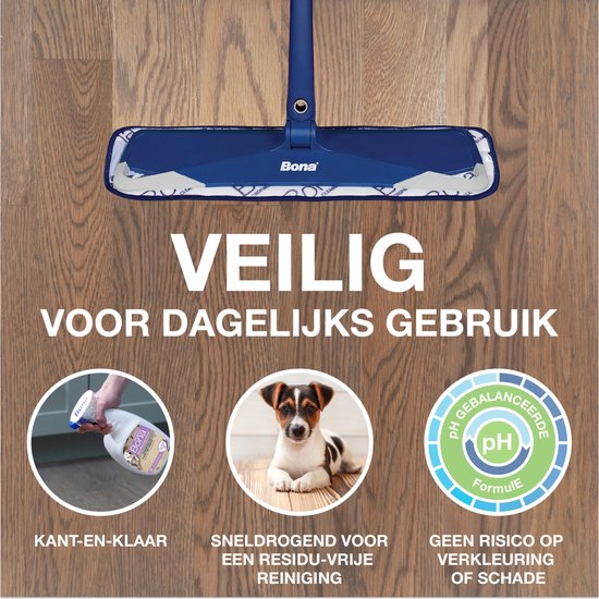Bona dweil op een houten vloer. Een hand spuit reinigingsmiddel uit een fles. Tekst: "Veilig voor dagelijks gebruik".