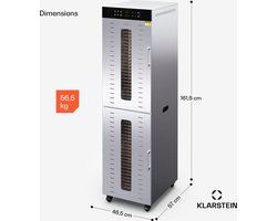 Klarstein Voedseldroger roestvrijstalen – 4000 W, 48 roestvrijstalen trays, 30–90 °C, 24-uurs timer, 6 ventilatoren, 2 droogkamers, 50–55 dB, ideaal voor fruit, groenten, vlees, kruiden en zilver. - voor Vlees voor Kruiden - Temperatuurregeling - RVS