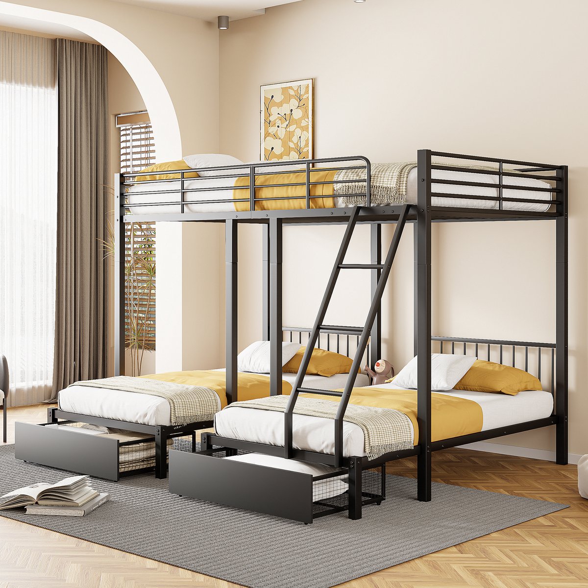 Sweiko Stapelbed, Verhoogd bed met Lades, Metalen bedframe, Converteerbaar Naar 140 x 200 tweepersoonsbed en twee 90 x 200 eenpersoonsbedden, multifunctioneel metalen bedframe, Zwart
