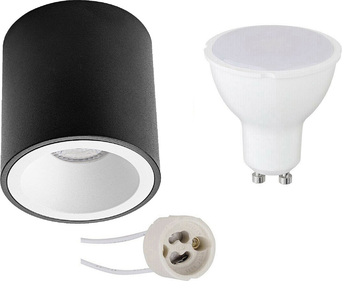 Opbouwspot Set - Pragmi Cliron Pro - GU10 Fitting - Opbouw Rond - Mat Zwart/Wit - 4W - Warm Wit 3000K - Verdiept - Ø90mm